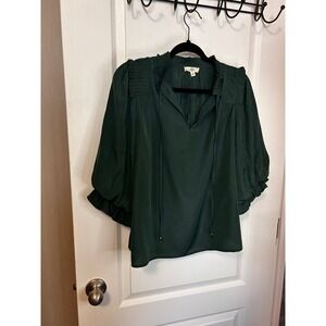 Entro Womens Green‎ Ruffle Neck Tie V Neck 3/4 Sleeve Blouse Top Size S